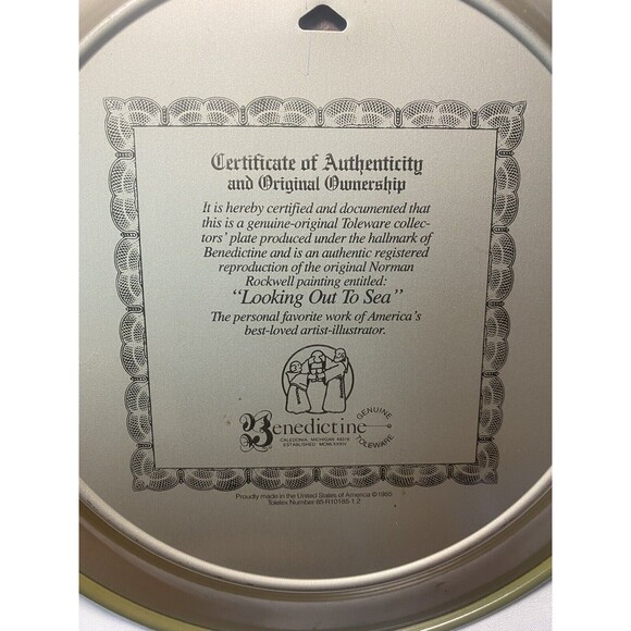 Vtg Norman Rockwell "Looking Out to Sea" Benedictine Toleware Tin Litho Plate - Picture 3 of 11